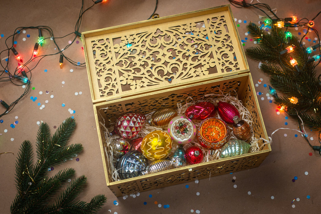 Laser Cut Wooden Keepsake Box, Gold Christmas Ornament Storage, Rustic Decor
