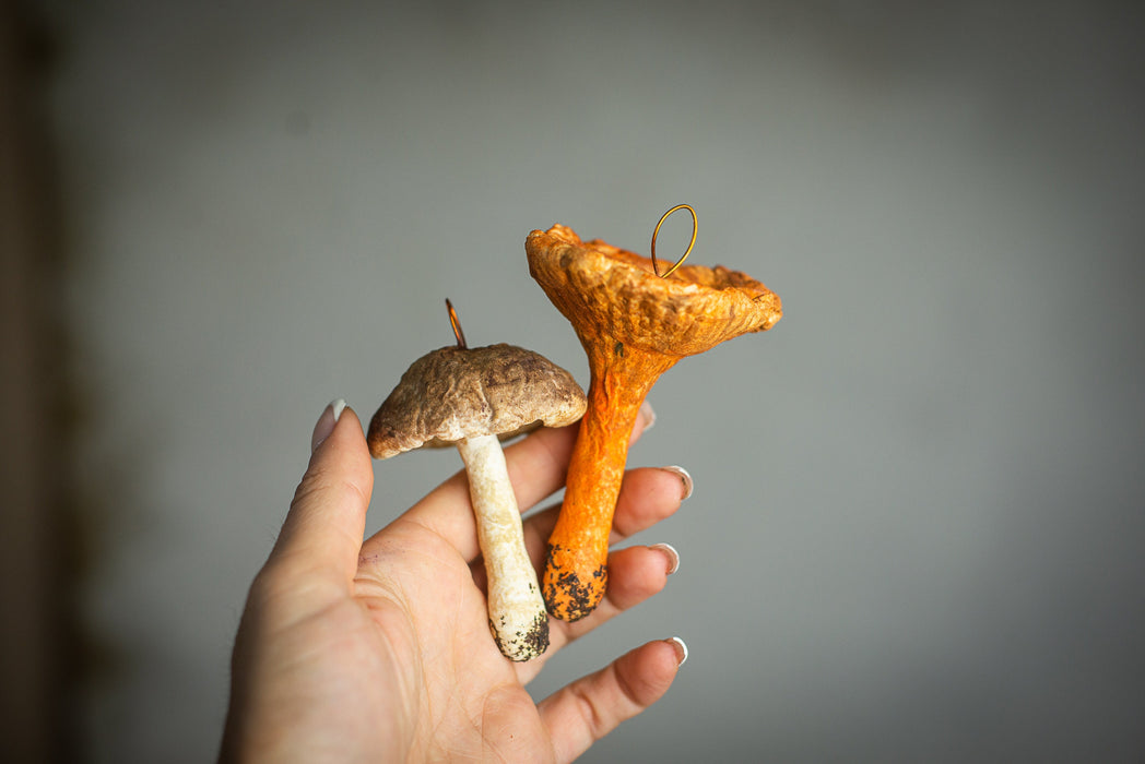 Mushroom spun cotton ornaments, Chanterelle mushroom, Xmas tree accents
