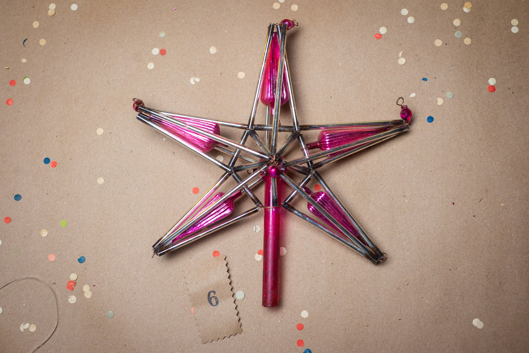 Vintage Christmas tree topper, Silver pink glass bugle star, Beaded Xmas tree ornaments