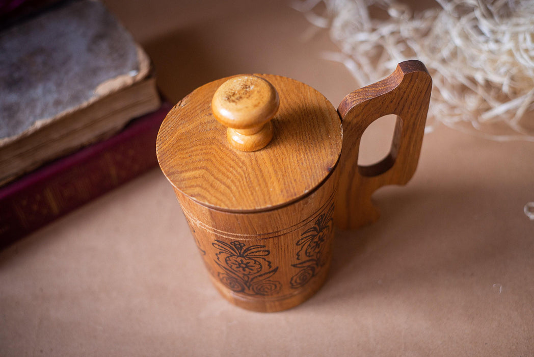 Wooden Beer Mug with Lid, Handcrafted Engraved Tankard, Rustic Ale Stein