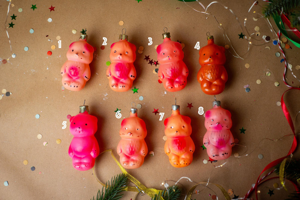 Vintage Pink & Orange Glass Bear Christmas Ornament