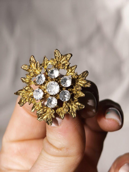 Vintage Rhinestone Brooch, Gold Tone Statement Pin Mid Century Elegant Jewelry