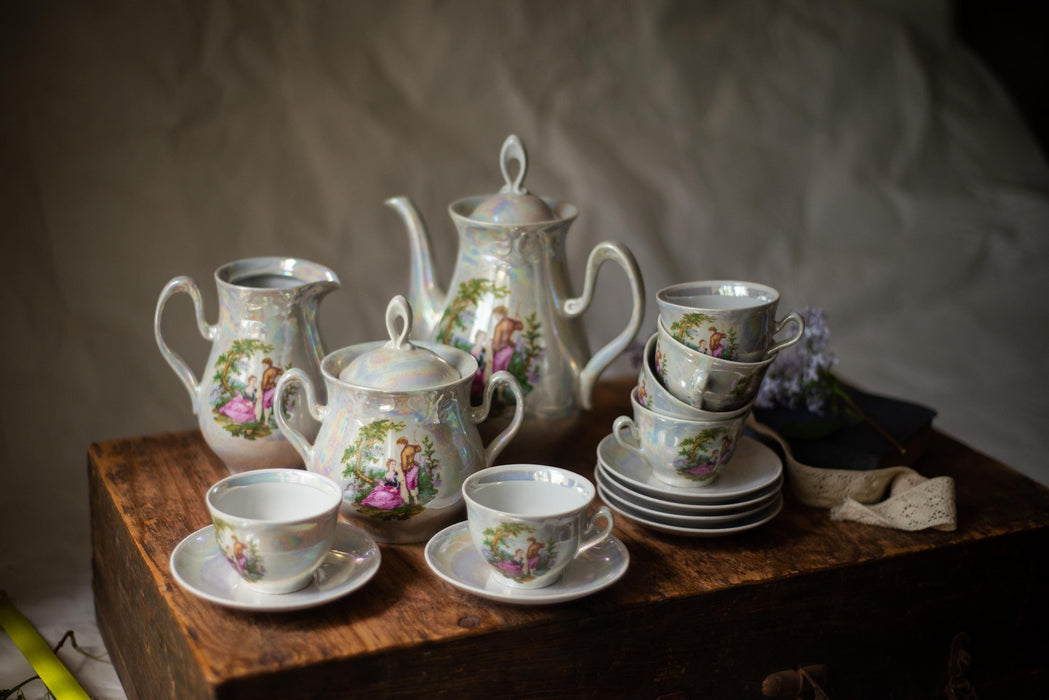 Vintage Madonna Tea Set Lusterware 15 Pieces, German, Art Deco Porcelain Tea Set, Romantic Scene