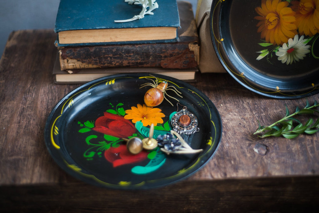 Vintage Metal Tray - Hand Painted Round Floral Dinner Plate with Petrikivka Flower Pattern