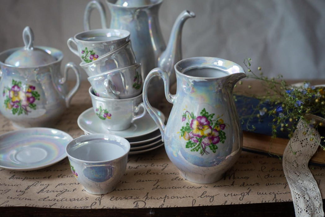 Vintage Lusterware Tea Set with Floral Design, Iridescent Porcelain Coffee Set, Mid Century, Romantic China Set 13 pieces