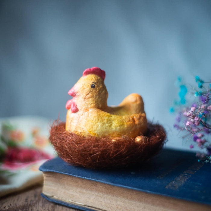 Broody Chicken Figurine – Rustic Easter Decor Paper Mache Doll With Eggs