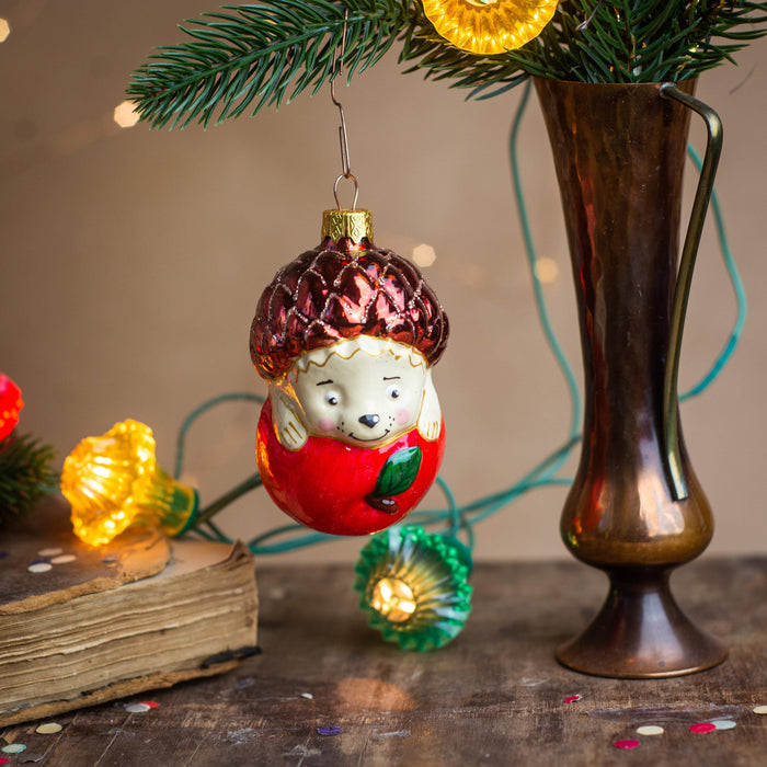 Vintage Glass Hedgehog Ornament with Apple, Woodland