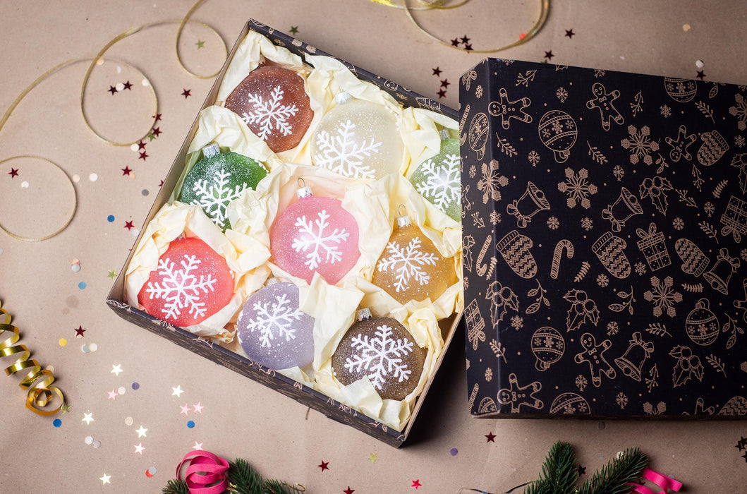 Set of 9 Glass Snowflake Ornaments, Pastel Rustic Christmas Baubles
