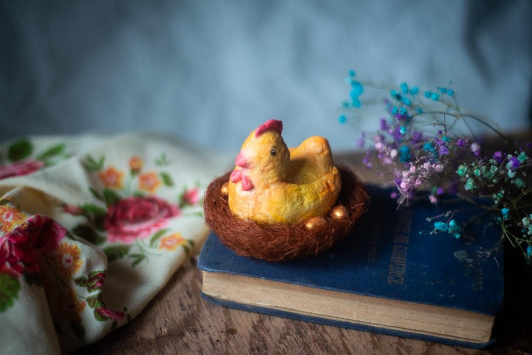 Broody Chicken Figurine – Rustic Easter Decor Paper Mache Doll With Eggs