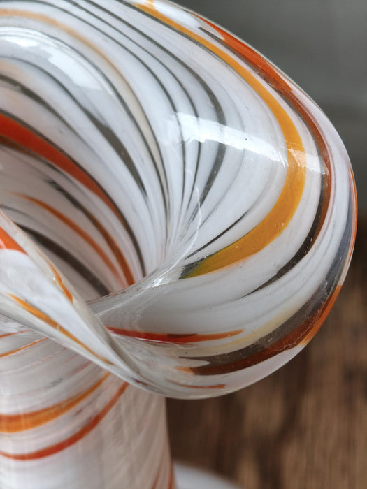 Murano Style Swirl Glass Vase, Hand Blown White Orange Mid Century Decor