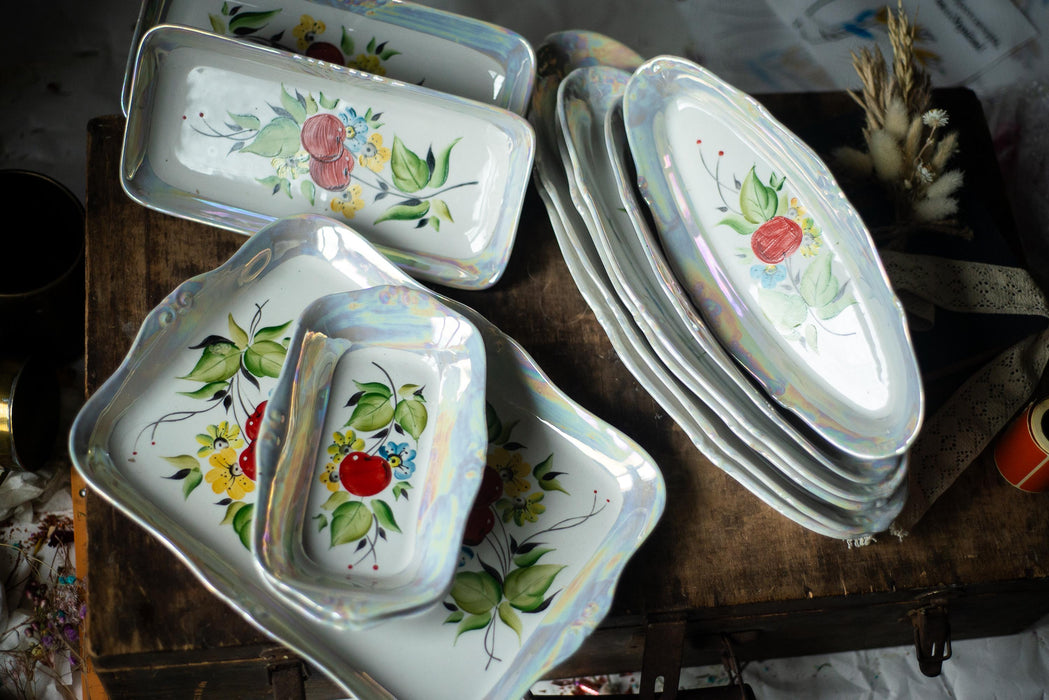Vintage Lusterware Plates – Iridescent Porcelain Dishes With Hand Painted Cherry Motif
