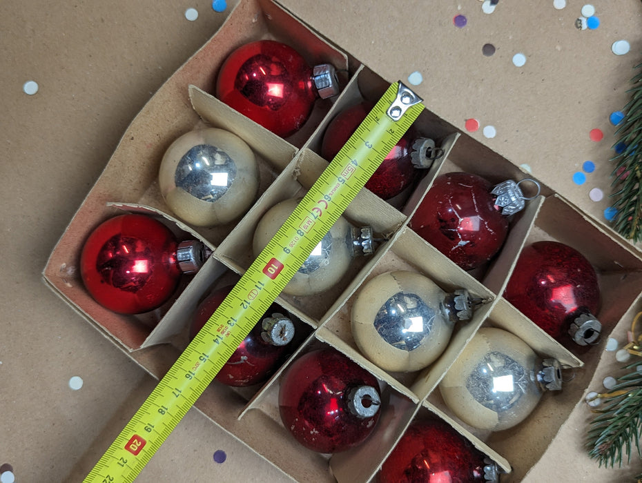Set of 12 Vintage glass Christmas ornaments in the box, red and silver Xmas balls, Xmas tree hanging baubles