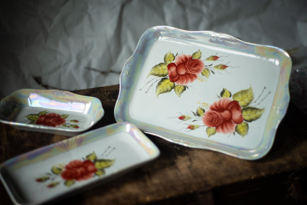 Vintage Porcelain Plates – USSR Floral Lusterware Set With Hand Painted Roses