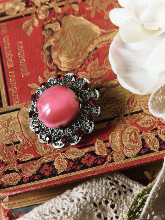Vintage Pink Glass Brooch 1970s, Filigree Rhinestone Statement Pin