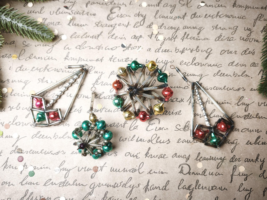 Vintage Glass Christmas Ornaments, Beaded 1950's Geometric 7-12cm