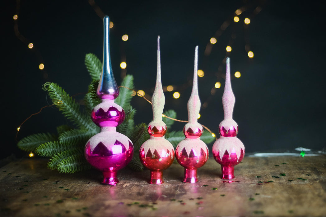 Christmas tree toppers, hot pink and white frosted decor