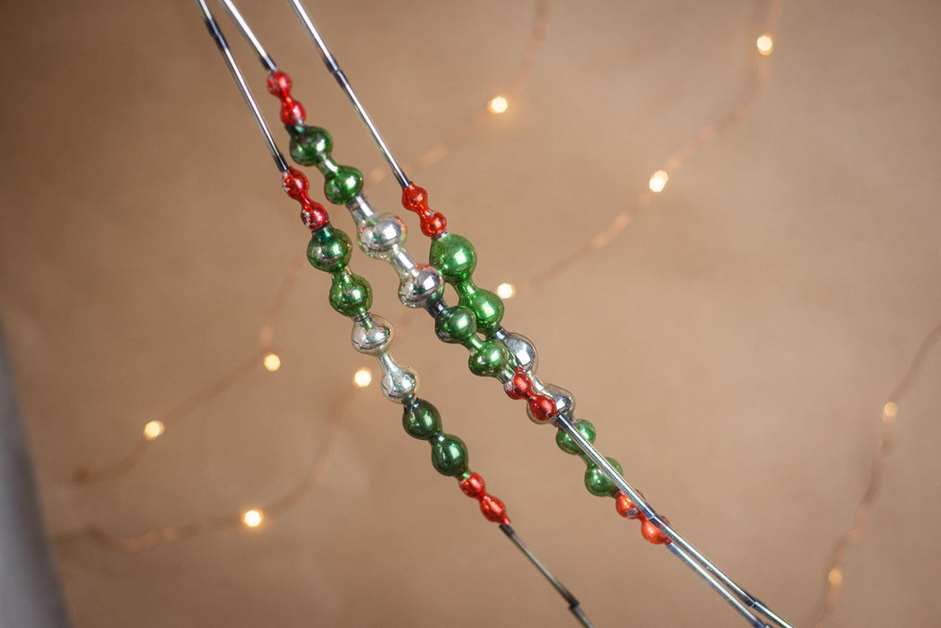 Vintage Glass Bead Christmas Garland, Green Silver Red Bugle Beads, 1970s