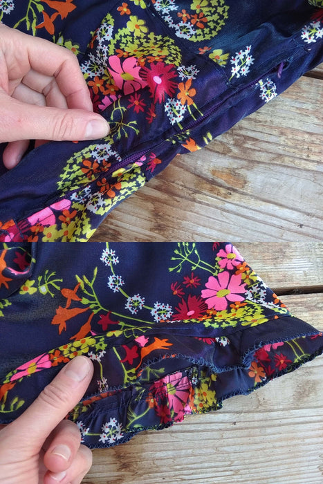 Vintage Floral Dress - Blue Satin Midi Wrap With Waisted Silhouette & Boho Style