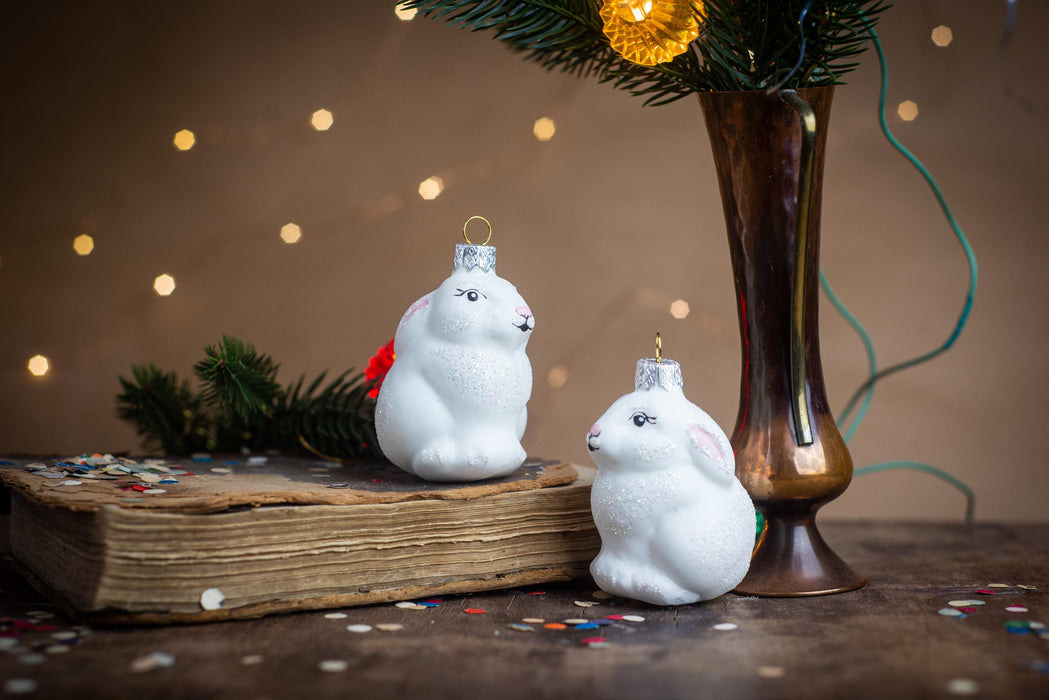 Glass rabbit ornament, Christmas ornament, white rabbit Xmas tree decoration, woodland rustic Christmas decor