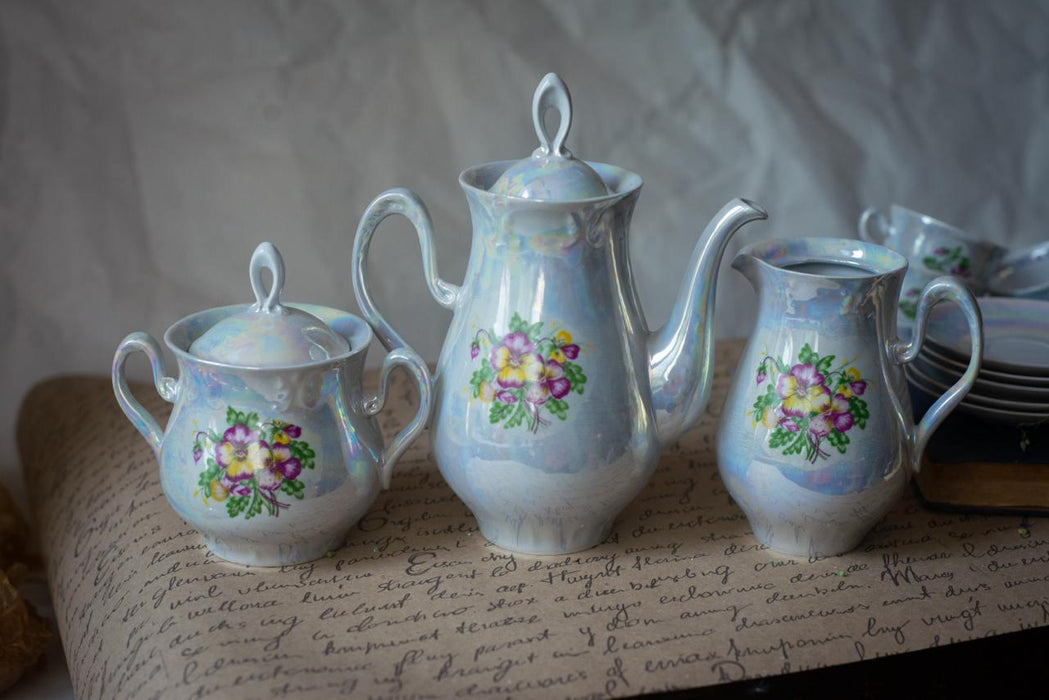 Vintage Lusterware Tea Set with Floral Design, Iridescent Porcelain Coffee Set, Mid Century, Romantic China Set 13 pieces