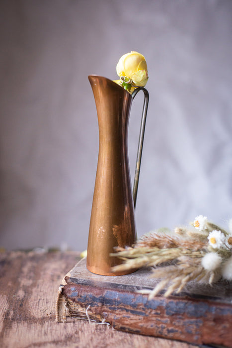 Vintage brass pitcher, metal water jug, rustic metal flower vase,