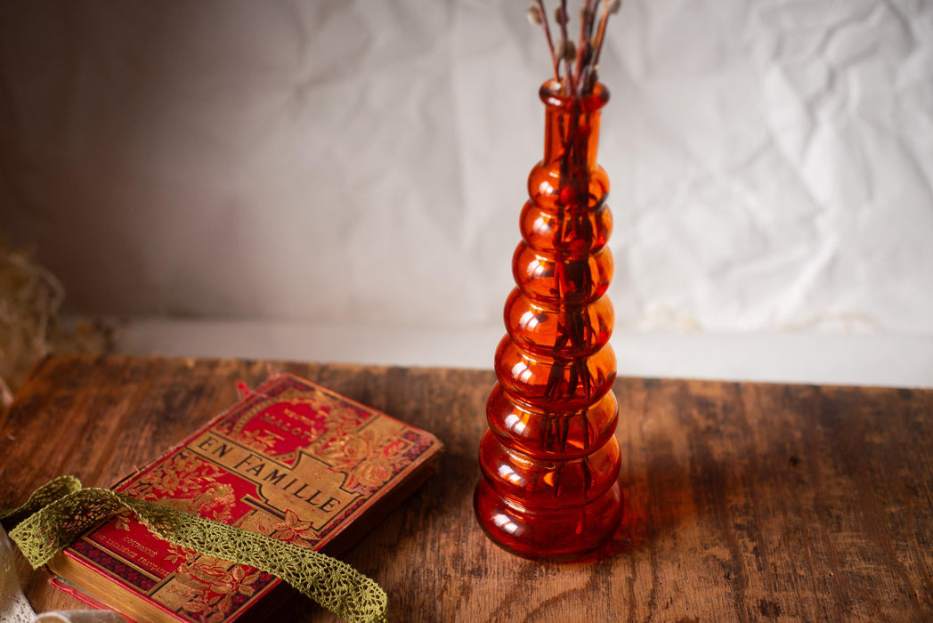 Red Glass Bubble Vase Mid Century 1970s Tall Single Stem Decor