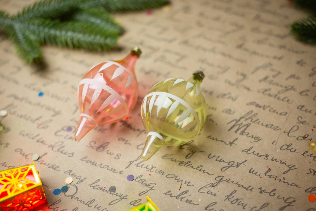 1950s Pink Yellow Glass Drop Ornaments – Set of 7