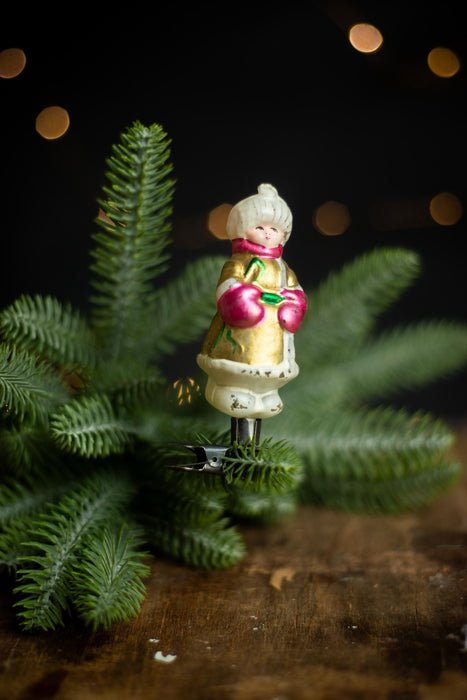 Vintage Glass Christmas Ornament Girl with Red Mittens