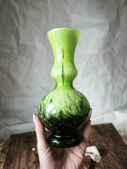 Green Glass Vase Murano Style, Mid Century Retro Aesthetic Decor
