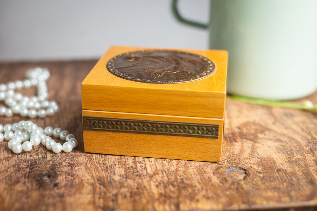 vintage wooden trinket box, Midcentury Metal Relief Jewelry Chest