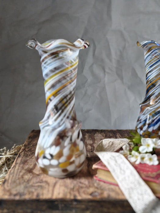 Vintage Murano Style Glass Vase, Beige Blue Art Glass, 1970s Bud Vase