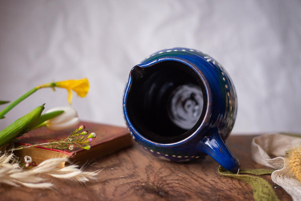 Blue Ceramic Pitcher with Daisies – Rustic German Farmhouse Jug
