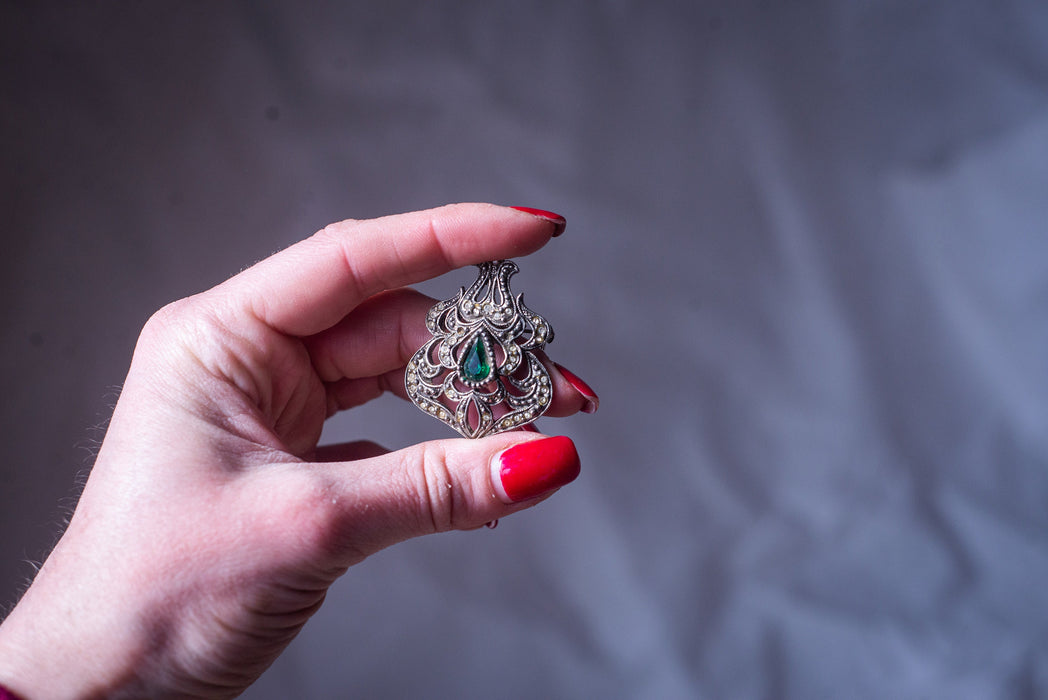 Vintage Filigree Brooch: Silver Tone Faux Pearl Victorian Shawl Pin