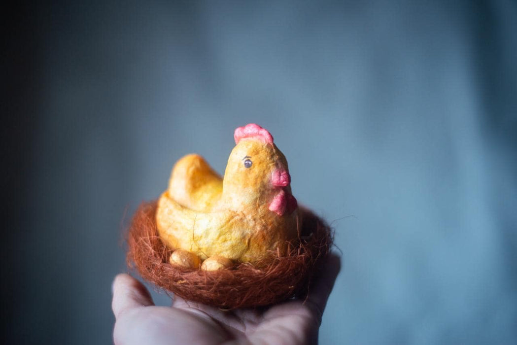 Broody Chicken Figurine – Rustic Easter Decor Paper Mache Doll With Eggs