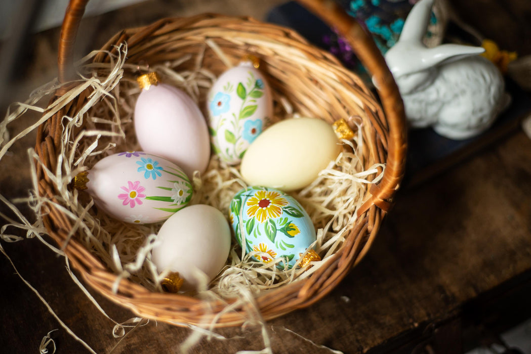 Glass Easter Eggs - Set of 6 Hand Painted Floral Hanging Ornaments for Easter Tree