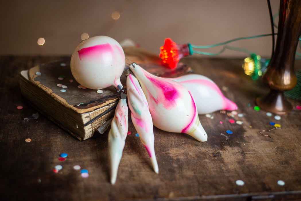 Vintage Pink and White Glass Christmas Ornaments, Set of 5 Bohemian Icicle Baubles