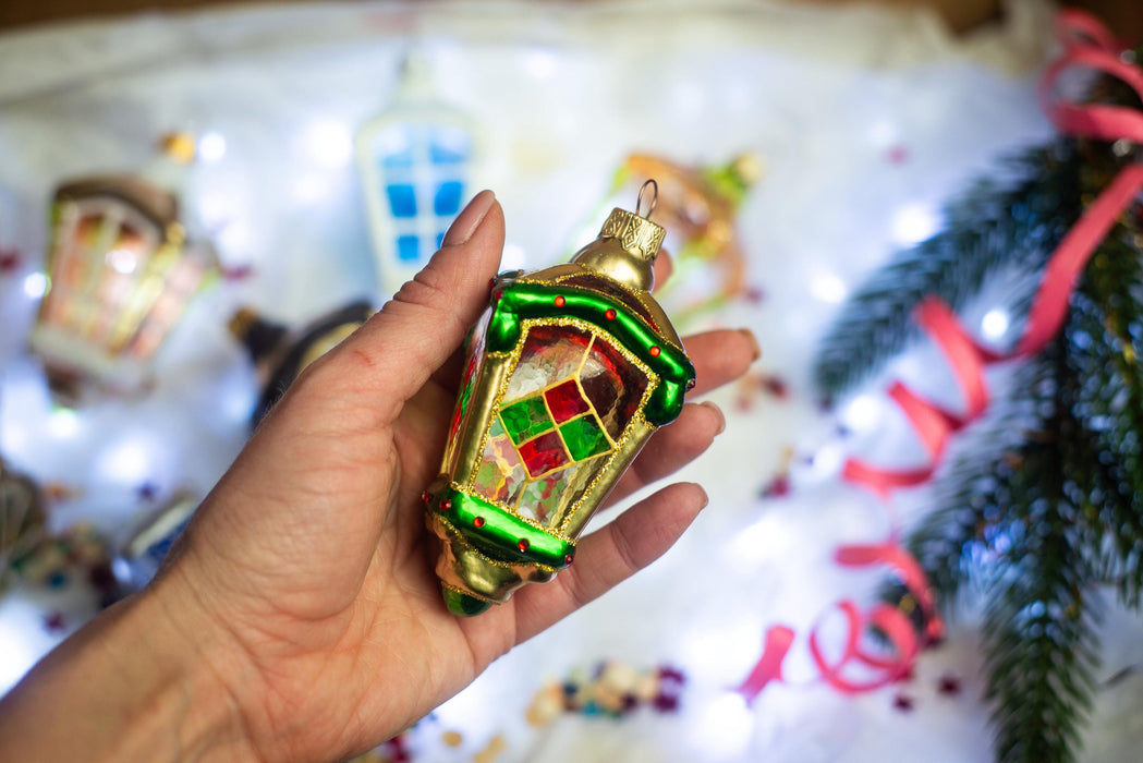 Christmas lantern glass ornament, Rustic Xmas tree