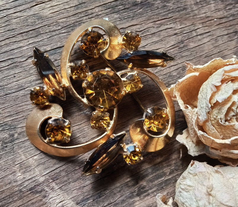 Yellow crystals brooch, vintage 70th statement brooch