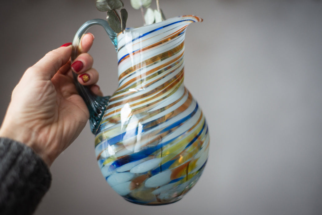 Vintage pitcher with handle, Water milk jug, Murano glass flower vase, Vintage glassware, Collectible glass