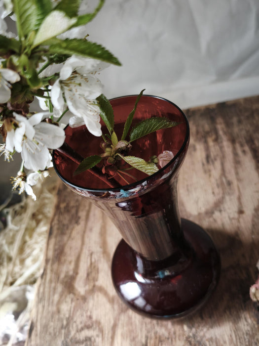 Wine Red Glass Vase Mid Century, Retro Bud Vase Aesthetic Decor