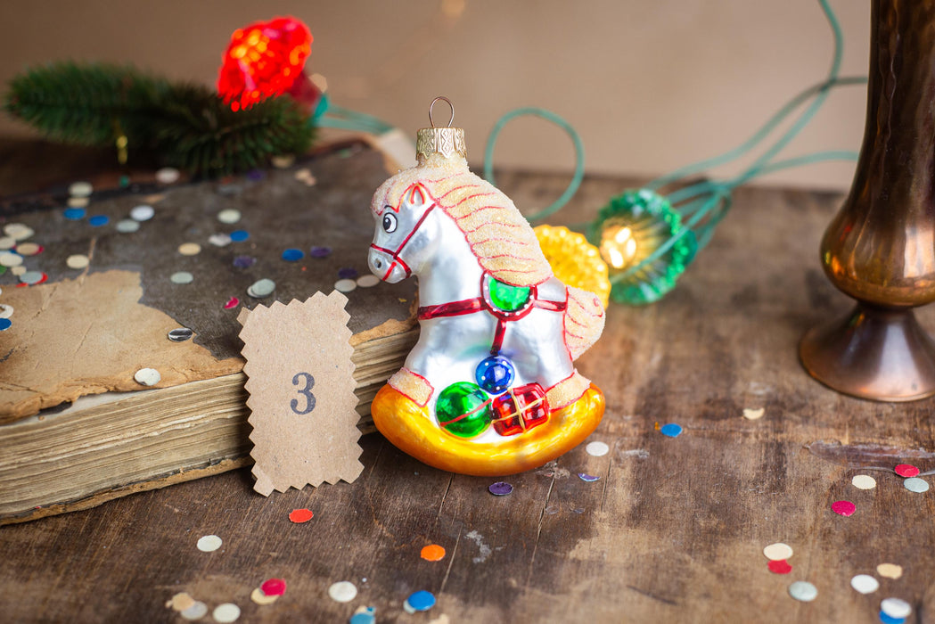 Glass Rocking Horse Ornament, Hand-Painted 3.94in Retro Carousel Decor