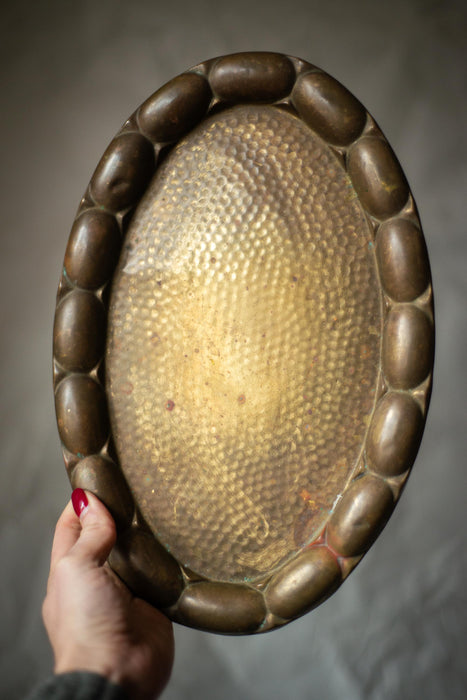 Vintage Brass Tray - 1950s German Oval Hammered Metal Serving Platter