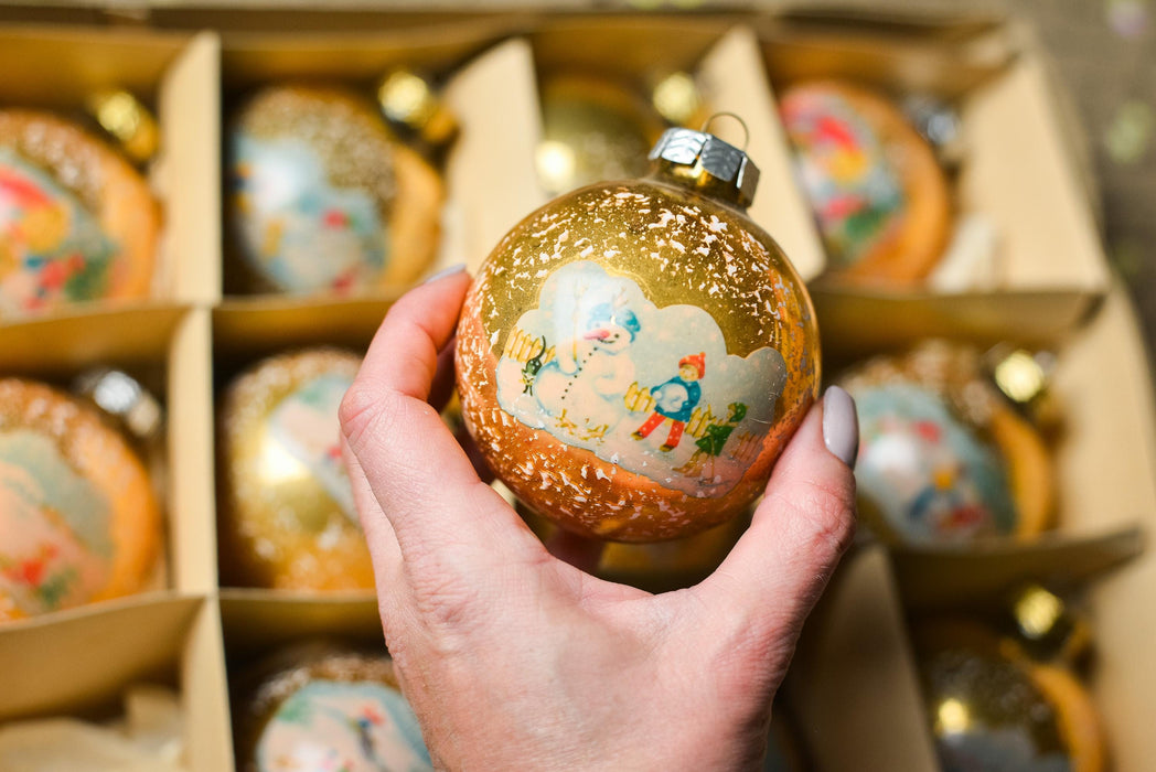 Vintage Glass Ornaments – Set of 12 Gold Christmas Baubles with Snowy Winter Scenes