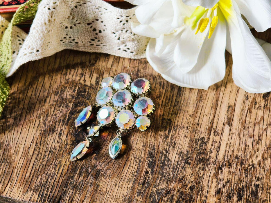 Vintage Rhinestone Brooch, Iridescent Crystal Pin Art Deco Style Statement
