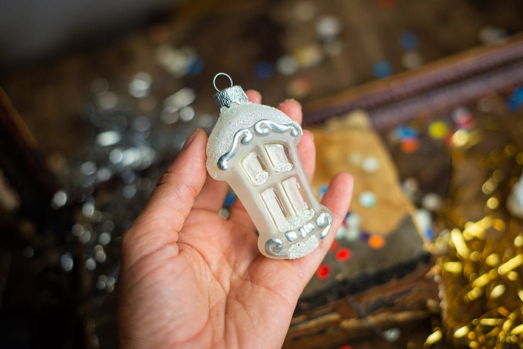 Frosted Glass House Ornament, White Winter Village