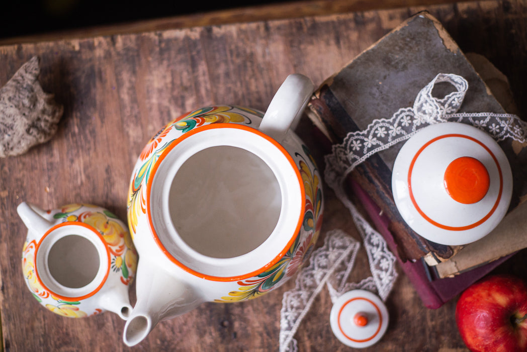Vintage Ceramic Teapot Set with Petrikivka Flowers, Hand Painted Folk Art Tea Duo