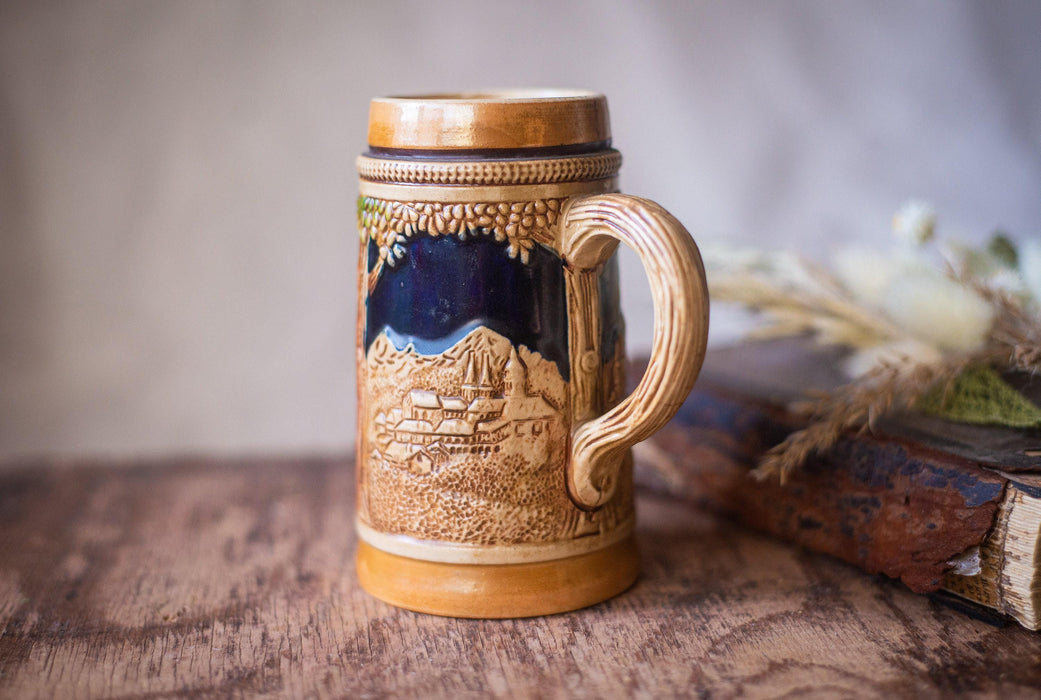 Vintage Ceramic Beer Mug German Folk Relief Stein Oktoberfest Barware