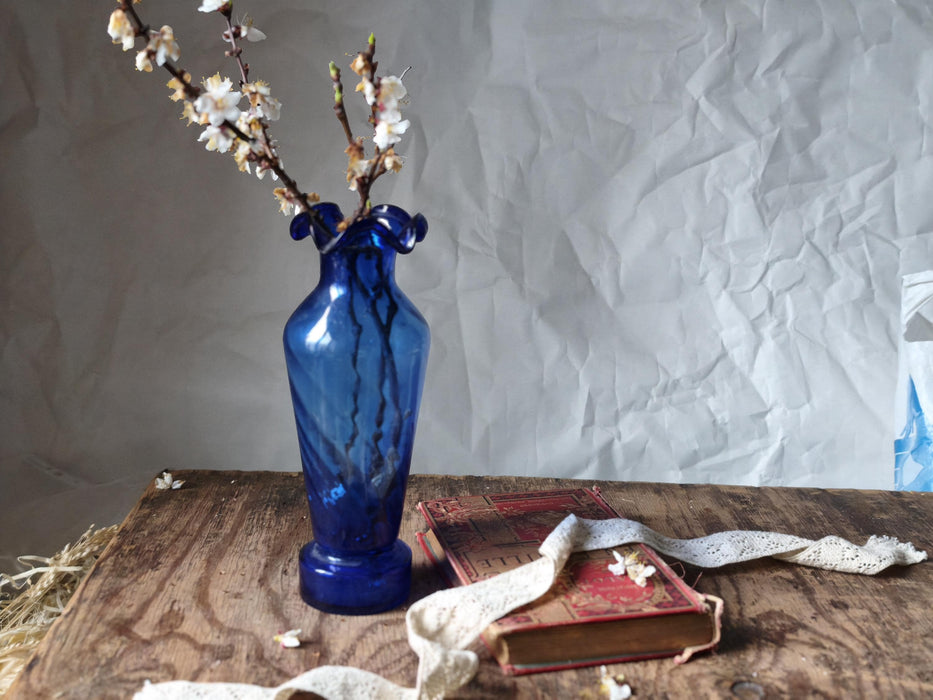 Cobalt Blue Glass Vase Mid Century, Tall Retro Aesthetic Decor
