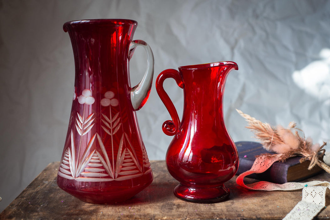 Vintage Ruby Red Glass Pitcher, Czech Crystal Hand Cut Mid Century Water Jug