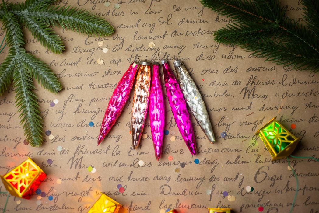 Pink Glass Icicle Christmas Ornaments, Vintage Set of 5